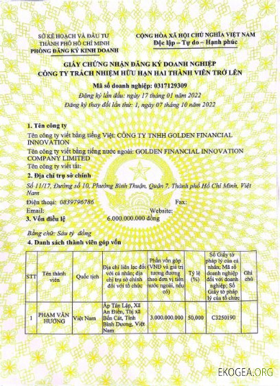 Certificat d'inscription au registre des sociétés du Vietnam